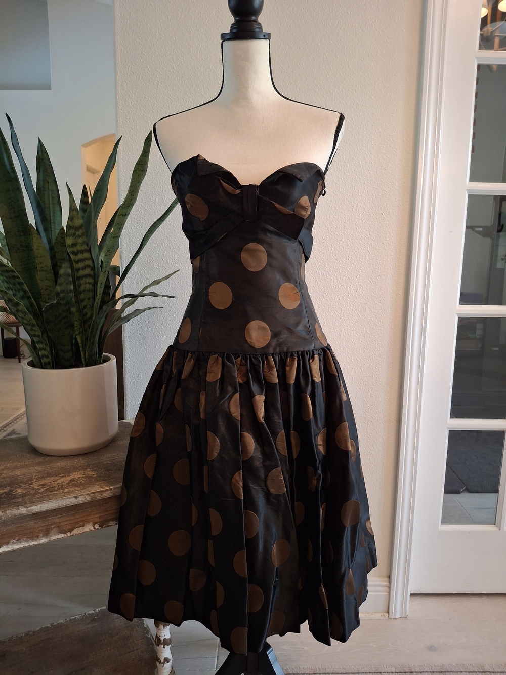 Vintage Victor Costa Black Strapless Dress with Brown Polka Dots